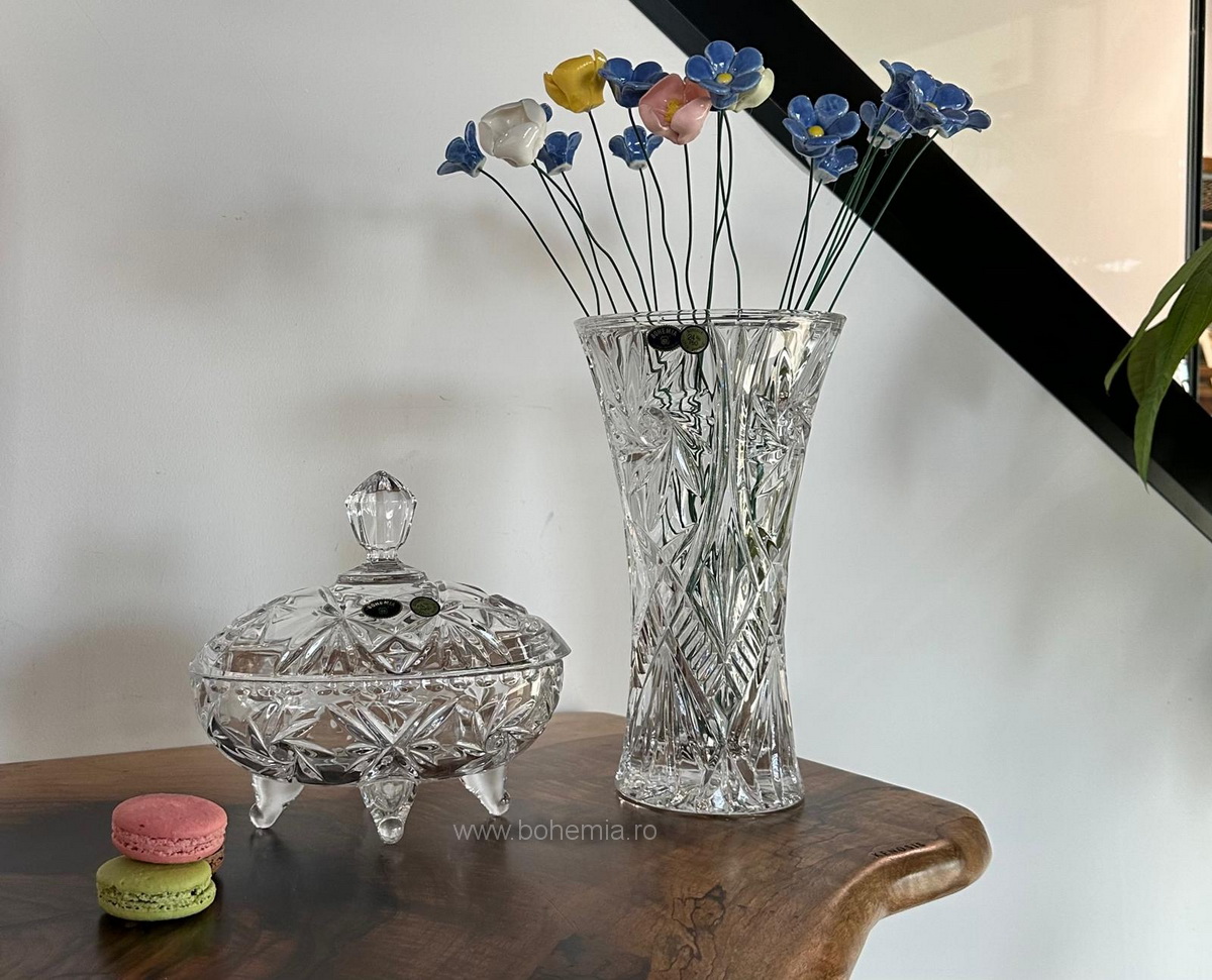SET VAZA 25.5 CM SI CASETA 19 CM CRISTAL DE BOHEMIA- INGRID 3 set caseta vaza ingrid bohemia cristal