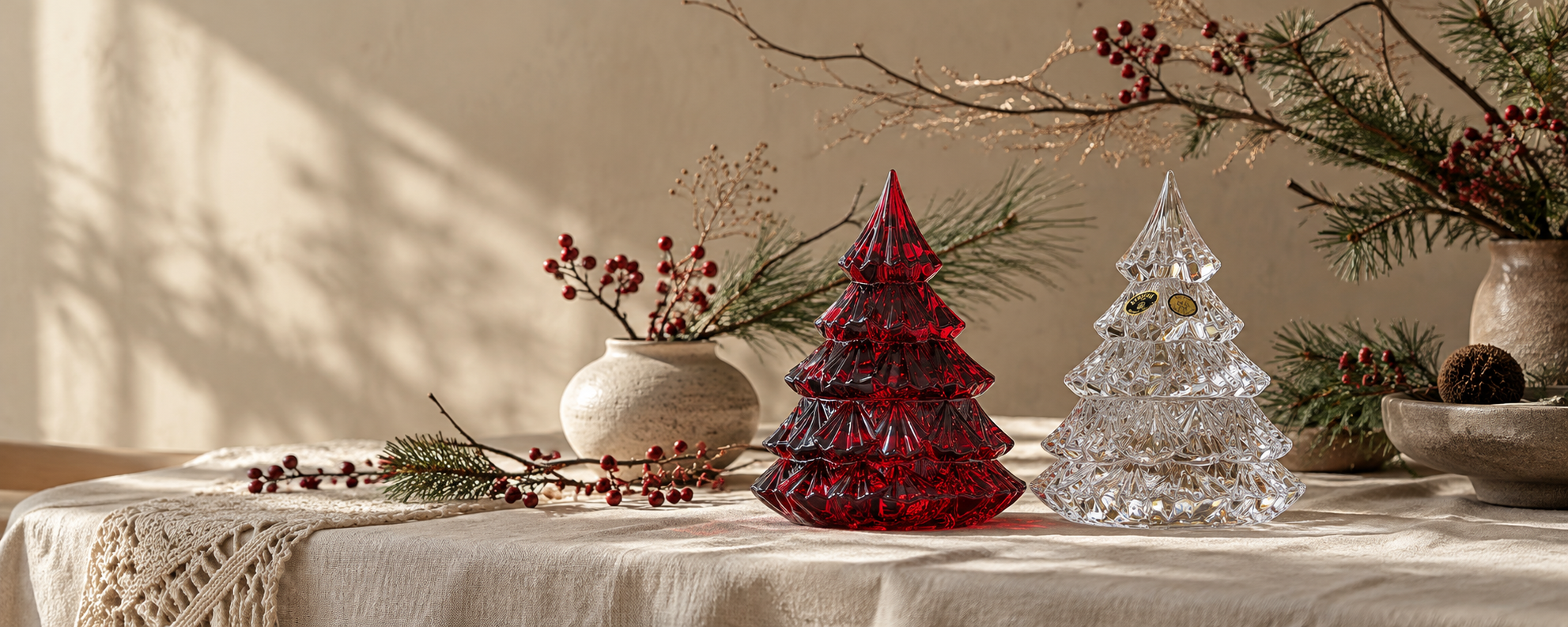 Elegant Holiday Glass Trees on Linen