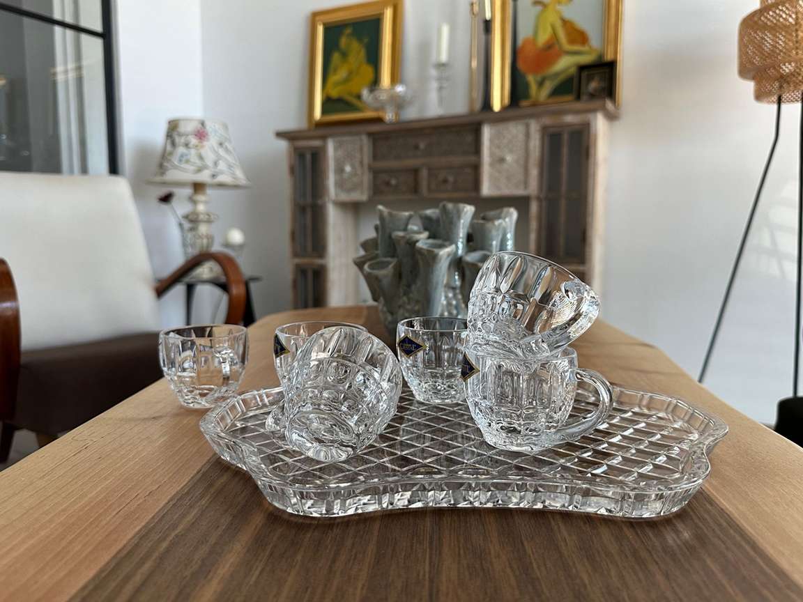 SET 6 CESTI ESPRESSO PE PLATOU- BOHEMIA DIPLOMAT 4 cesti cafea diplomat cristal bohemia